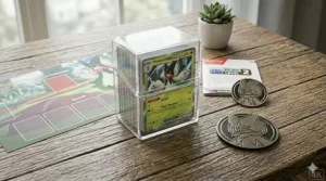 A detailed photorealistic close-up illustration of a clear plastic deck box holding a 60-card starter deck with a holographic Meowscarada ex card visible on top, showcasing storage and protection.