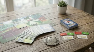 A photorealistic 4K close-up illustration of a Pokémon TCG paper playmat set up for a battle with a fanned 60-card starter deck, a face-down top card, 6 face-down Prize Cards, and a metallic coin.