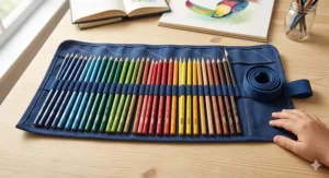 A colorful illustration of a professional colored pencil roll-up wrap showing organized pencils by color spectrum.