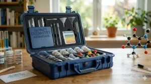 An organized storage case for a chemistry set for 12 year olds, keeping chemicals and tools secure.