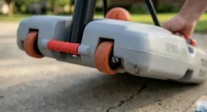 A photorealistic 4K extreme close-up photograph focusing on the two integrated wheels and heavy-duty axle of a kids' basketball hoop's portable base unit, showing realistic plastic and metal textures on a concrete driveway.