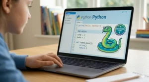 A photorealistic close-up of a child's laptop screen displaying a simplified Python editor with basic code commands and a friendly snake icon, introducing text-based programming to kids.