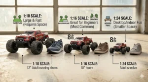 Size comparison chart showing 1:10 and 1:18 scale RC cars relative to common household objects.