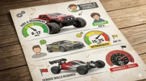 Illustration comparing safe RC car speeds for 8-year-olds versus adult hobbyist models.