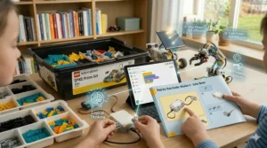 Close-up of a colorful, easy-to-follow instruction manual for a beginner robotics set.