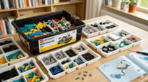 Overhead view of sensors, motors, and building blocks included in a robotics kit for 10 year olds.