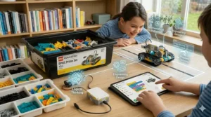 Illustration showing the link between robotics kits and developing logic, math, and engineering skills.