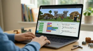 A photorealistic close-up of a child's laptop screen displaying a custom sandbox environment with voxel-style structures, 3D avatars, and visible modding code (Lua/Python) for kids.