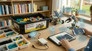 A handheld smartphone being used as a remote control for a custom-built motorized robot.