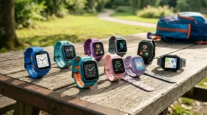 A variety of stylish smartwatches for 10-year-olds in different colors like blue, pink, and black.