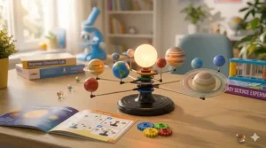 A rotating 3D model of the solar system used as an astronomy-themed STEM toy for young kids.