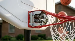 A photorealistic 4K extreme close-up focusing on the heavy-duty coiled springs and mechanical linkage of a kids' basketball hoop's breakaway rim mechanism, showing realistic metal and nylon textures.
