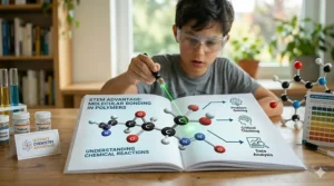 Infographic showing chemical bonding and reactions learned through a hands-on chemistry set for 12 year olds.