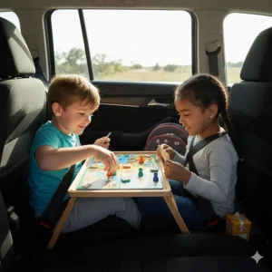 A compact, travel-friendly board game for 6 year olds set up on the back seat of a car.