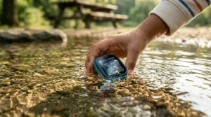 A durable waterproof smartwatch for kids being splashed with water to demonstrate durability.