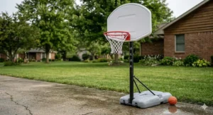 A photorealistic 4K photograph of a kids' adjustable basketball hoop, including its height markings and weighted base, standing visibly wet under a light rain in a suburban backyard.