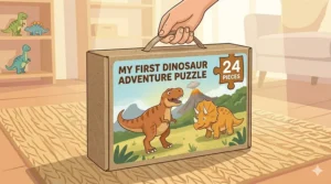 Durable storage box for a 24-piece puzzle set labeled for ages 3 and up.