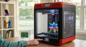 A photorealistic 4K close-up image showing a dedicated 3d printer for teens with its enclosed printing chamber locked, internal LED light on, and a digital display confirming all safety auto-off sensors are active.
