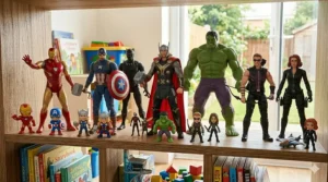 A set of Avengers action figures for kids including Hulk, Thor, and Black Panther in classic comic book designs.