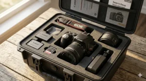 An entry-level DSLR camera kit including a neck strap, memory card, and carrying bag.