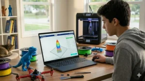 A 4K photorealistic image showing a teenage boy sitting at a naturally lit wooden desk, focusing on a laptop screen that displays a simplified, user-friendly 3D slicing software interface for hobbyist printing.