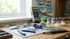 A close-up photorealistic photograph of essential modeling tools for beginners, including sprue cutters, tweezers, craft knife, brushes, sanding stick, and Revell Contacta Professional glue arranged on a cutting mat.