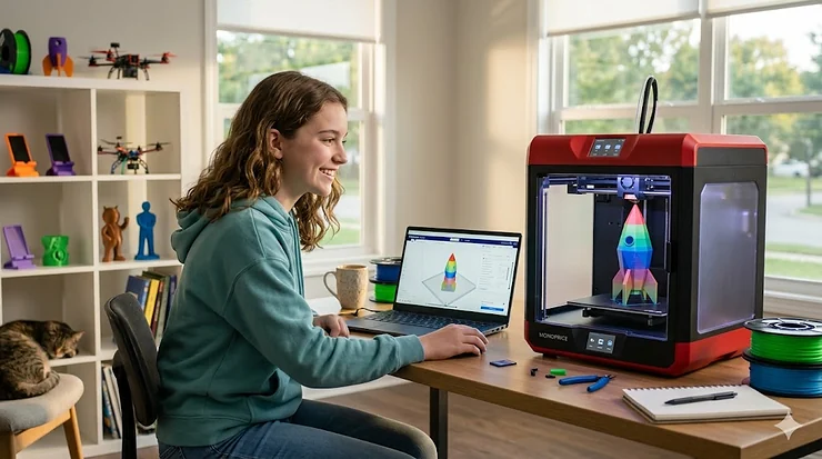 A photorealistic 4K image of a smiling teenage girl in a modern study, watching an enclosed 3d printer finish a colorful rocket model with soft natural light. 3d printer for teens