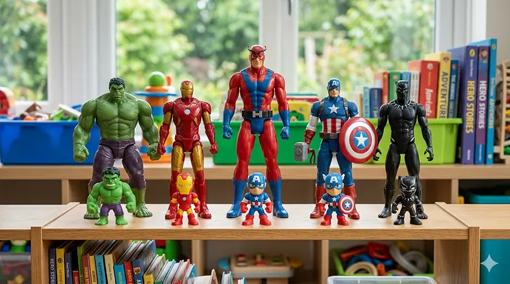 A diverse collection of Marvel action figures for kids, featuring Spider-Man, Iron Man, and Captain America posed for a superhero battle.