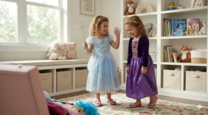 Two children playing together while wearing royal princess dress up clothes and capes.
