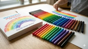 A wide array of bright, rainbow-colored washable markers arranged neatly for creative toddler art projects.