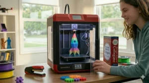 A photorealistic 4K image showing a teenager measuring the dimensions of a compact, enclosed 3d printer for teens with an acrylic ruler, comparing its small size to a nearby desktop stapler and a hardcover collegiate dictionary on a naturally lit wooden desk.
