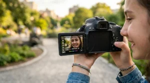 A teen using the flip-out LCD touchscreen on a beginner DSLR to frame a creative selfie.