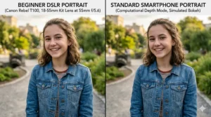 Side-by-side comparison of a blurred background portrait taken with a beginner DSLR versus a standard smartphone.
