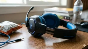 A sturdy, lightweight gaming headset resting on a desk, built to withstand daily use by teenagers.