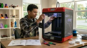 A photorealistic 4K image showing a teenage boy wearing headphones, carefully attaching the upper frame of an easy-to-assemble 3D printer kit, following simplified instructions on a wooden workbench in a naturally lit study.