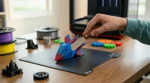 A photorealistic 4K image showing a teenager's hand carefully using a small scraper to remove a completed geometric blue and red 3d printed object from a flexible magnetic build plate, next to an out-of-focus enclosed printer.