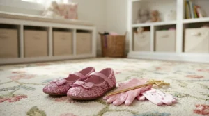 A pair of pink glittery play shoes and matching satin gloves for princess dress up.