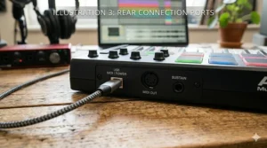 Close-up of the USB-B port and MIDI out connection on the back of a beginner-friendly keyboard controller.