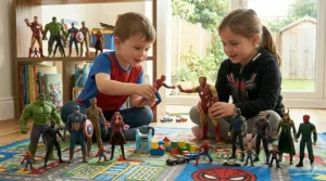 Two young children playing with Marvel action figures on a colorful playroom rug, recreating a superhero scene.