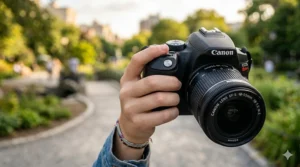 Close-up of a compact DSLR camera showing a comfortable grip suitable for smaller hands.