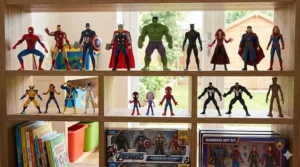 An organized shelf of Marvel superhero toys, perfect as gift ideas for kids who love the Avengers and Spider-Man.