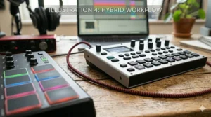 Diagram pointing out the pads, knobs, faders, and pitch bend wheel on a MIDI keyboard for beginners.