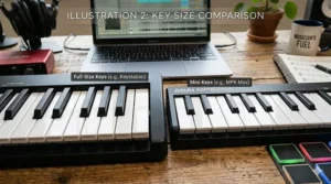 Illustration comparing mini keys on a portable MIDI controller versus full-size keys on a standard MIDI keyboard for beginners.