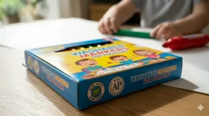 An illustration showing the "Non-Toxic" and "AP Certified" seals on a box of toddler markers.