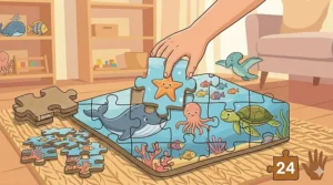 Brightly illustrated 24-piece ocean-themed puzzle showing whales and fish for preschoolers.