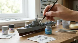 A photorealistic close-up photograph capturing a beginner using a small detail brush to apply grey acrylic paint to the hull of a Revell 1:72 scale model ship.