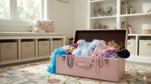 An open pink trunk filled with various colorful princess dress up clothes and fabric capes.