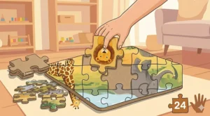 Close-up of a large, easy-to-grasp puzzle piece from a 24-piece set held by a 3-year-old.