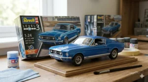 A 4K photorealistic photograph capturing a completed Revell 1:24 scale model of a classic blue Ford Mustang, displayed with its original box on a wooden workbench under soft natural daylight.