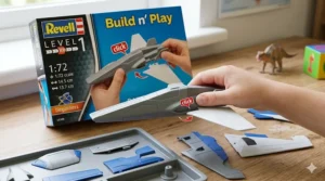 A close-up photorealistic illustration of a Revell 'Build n' Play' Level 1 snap-together model kit, showing pre-colored parts being assembled by hand without glue.